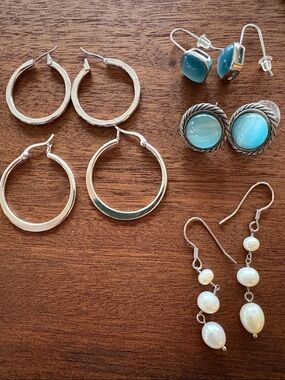 Variety of earrings- Silver Hoop and Aqua Stud, pearl-like